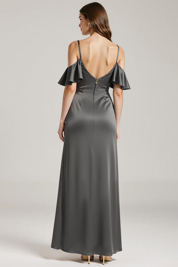 Steel Grey Sheath Cold Shoulder Satin Long Black Tie Dress with Ruffles
